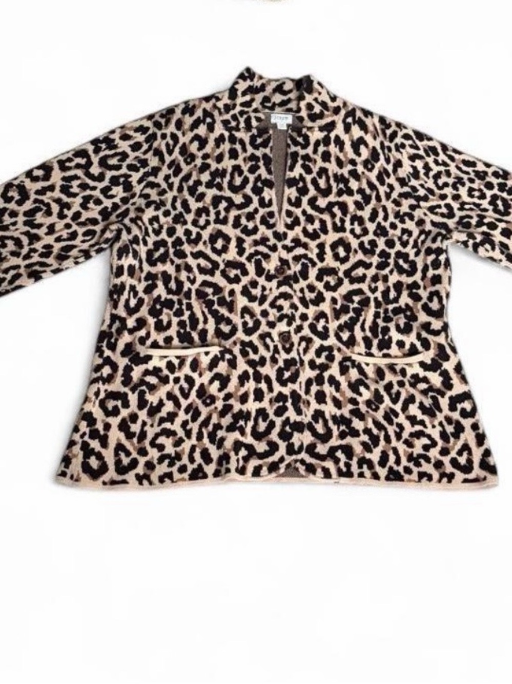 J.Crew women’s XXL cheetah print knit cardigan with high collar.